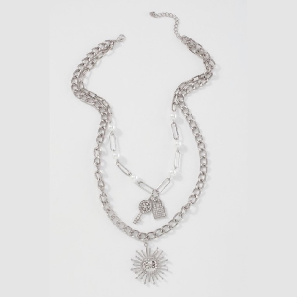 Multi layered key and lock silver necklace